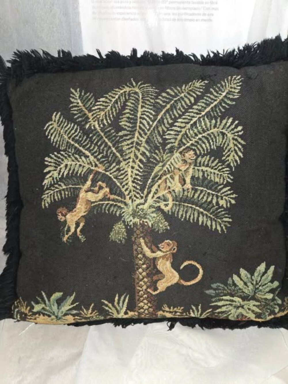 Vintage Monkey Throw Pillow Tapestry Style Fringe Double Sided Design Square 16"